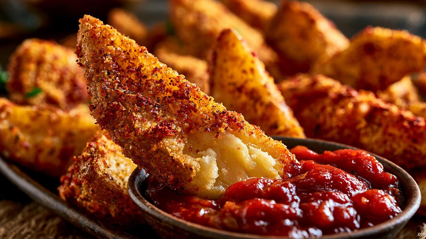Close-up of a crispy KFC potato wedges piece dipped in ketchup with fluffy potato inside and a platter of seasoned wedges in the background.