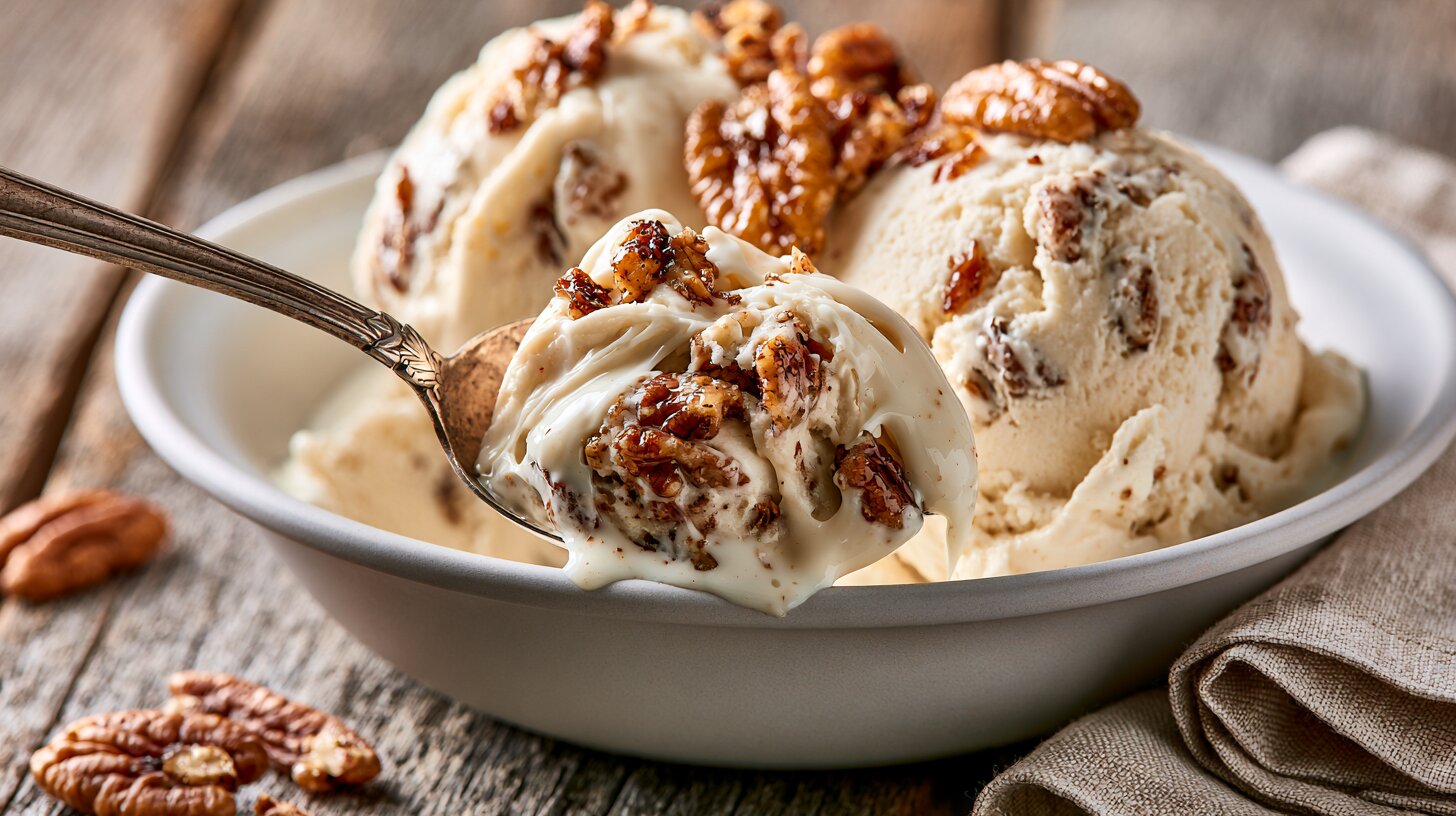 A spoon lifts a creamy scoop of homemade butter pecan ice cream from a white bowl, highlighting the rich texture and buttery toasted pecans featured in this Butter Pecan Ice Cream Recipe.